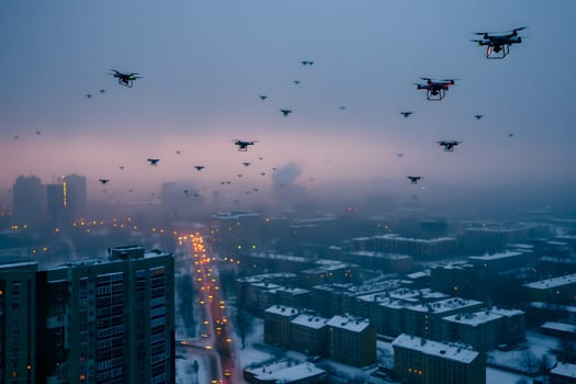 group of drones over city at winter morning or evening. Neural network generated image. Not based on any actual scene or pattern.