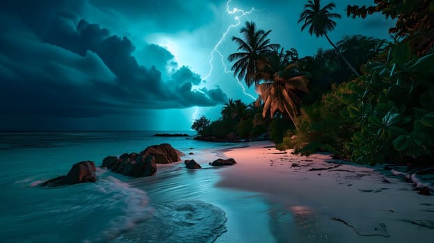 tropical beach view at cloudy stormy night with white sand, turquoise water and palm trees. Neural network generated image. Not based on any actual scene or pattern.