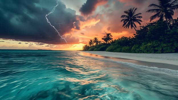 tropical beach view at cloudy stormy sunset with white sand, turquoise water and palm trees. Neural network generated image. Not based on any actual scene or pattern.