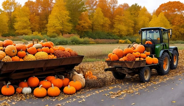 Rural fall harvest. Beauty of autumn harvests, including pumpkins, corn fields. Generative AI