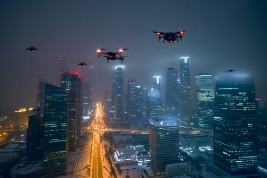 Group of drones over city at snowy winter night. Neural network generated image. Not based on any actual scene or pattern.