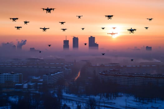 group of drones over city at winter sunset or sunrise. Neural network generated image. Not based on any actual scene or pattern.