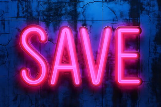 Neon word save on dark shabby wall. Neural network generated image. Not based on any actual scene or pattern.