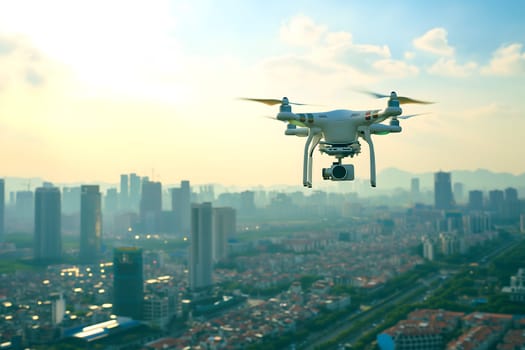 Flying drone above the city at summer morning. Neural network generated image. Not based on any actual scene or pattern.