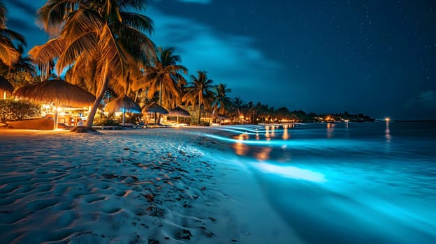 tropical beach view at starry night with white sand, turquoise water and palm tree. Neural network generated image. Not based on any actual scene or pattern.