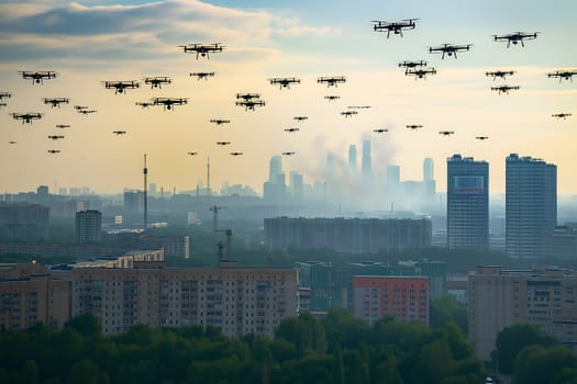 Group of drones over city at summer morning. Neural network generated image. Not based on any actual scene or pattern.