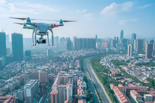 Flying drone above the city at summer day. Neural network generated image. Not based on any actual scene or pattern.