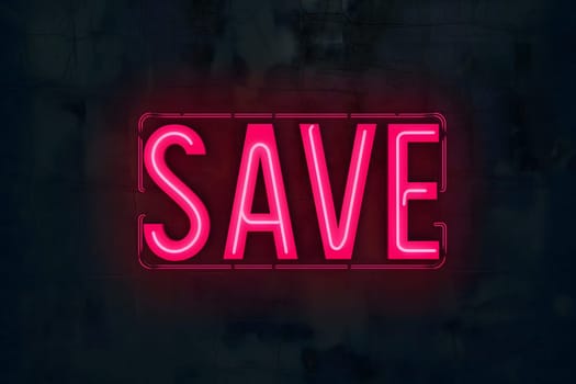 Neon word save on dark shabby wall. Neural network generated image. Not based on any actual scene or pattern.