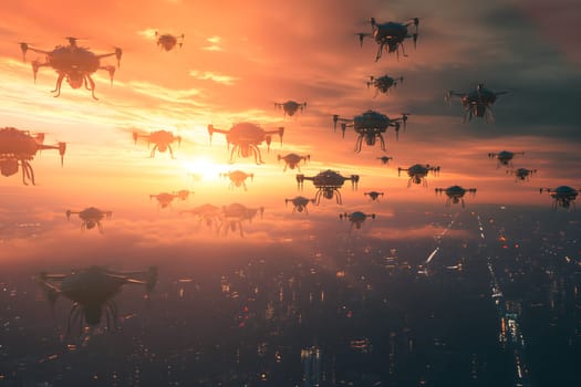 Swarm of drones over city at summer morning. Neural network generated image. Not based on any actual scene or pattern.