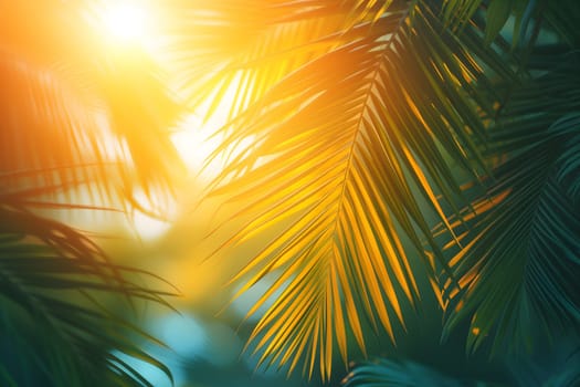 Vibrant sunny backdrop palm leaves with golden sun light. Neural network generated in January 2024. Not based on any actual scene or pattern.