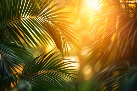 Vibrant sunny backdrop palm leaves with golden sun light. Neural network generated in January 2024. Not based on any actual scene or pattern.
