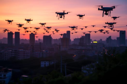 swarm of drones over city at summer sunset or sunrise. Neural network generated image. Not based on any actual scene or pattern.