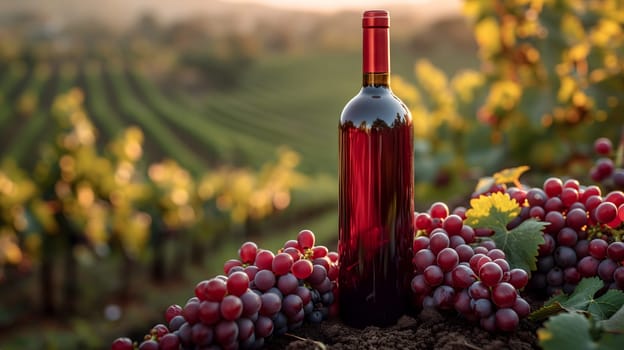 A red wine bottle in front of a landscape of grape farmland. Neural network generated image. Not based on any actual scene or pattern.