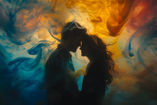 Man and woman embracing in surreal, colorful liquid fantasy dreamscape. Neural network generated image. Not based on any actual person or scene.