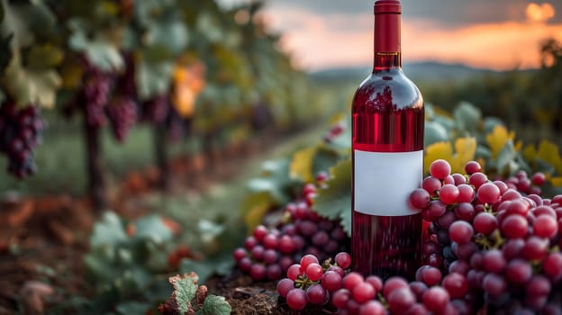 A red wine bottle in front of a landscape of grape farmland. Neural network generated image. Not based on any actual scene or pattern.