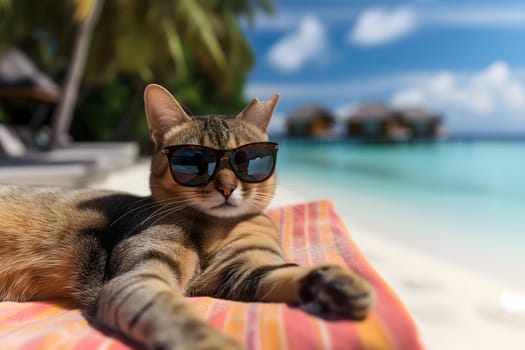 tabby cat with sunglasses laid on tropical beach, vacation theme. Neural network generated image. Not based on any actual person or scene.