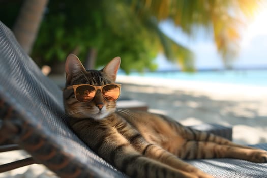 tabby cat with sunglasses laid on tropical beach, vacation theme. Neural network generated image. Not based on any actual person or scene.