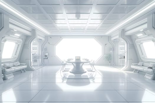 futuristic clean white space station style interior of dining room. Neural network generated image. Not based on any actual scene or pattern.