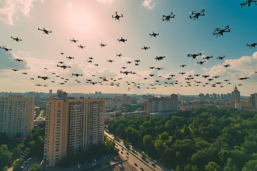 swarm of drones over city at summer morning. Neural network generated image. Not based on any actual scene or pattern.