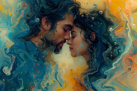 Man and woman embracing in surreal, colorful liquid fantasy dreamscape. Neural network generated image. Not based on any actual person or scene.