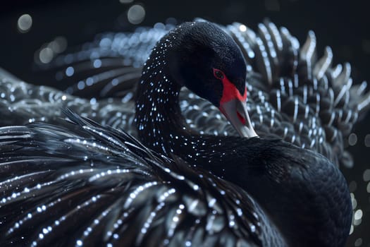 Black swan on water surface, close up. Neural network generated image. Not based on any actual scene or pattern.