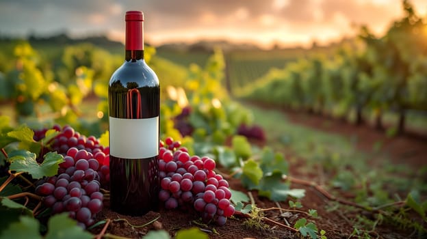A red wine bottle in front of a landscape of grape farmland. Neural network generated image. Not based on any actual scene or pattern.