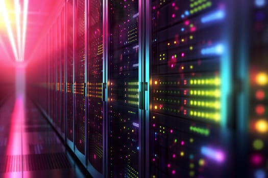 Server room with neon high contrast lighting. Neural network generated image. Not based on any actual scene or pattern.
