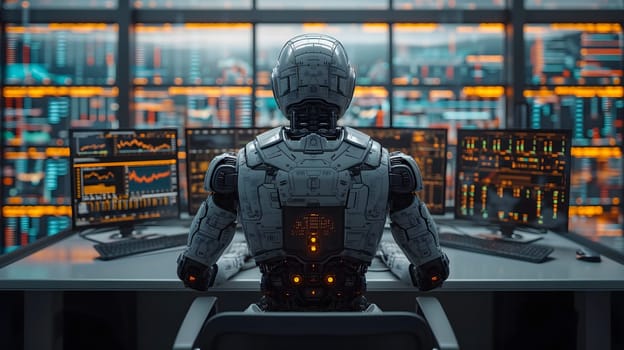 Back view of a financial analyst day trader robot working on computer with many screens that shows real-time stock data. Neural network generated image. Not based on any actual scene or pattern.