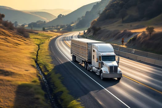 American long-nose semitruck on a highway. Neural network generated image. Not based on any actual scene or pattern.