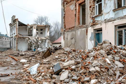 Ruined houses street after war. Neural network generated image. Not based on any actual scene or pattern.