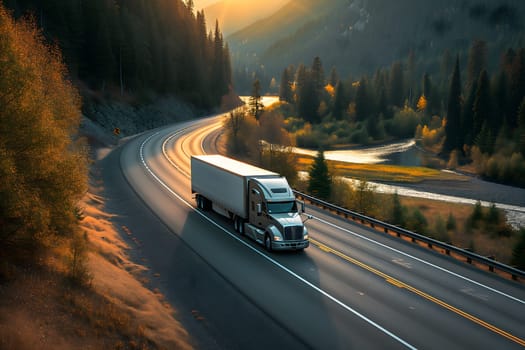 American long-nose semitruck on a highway. Neural network generated image. Not based on any actual scene or pattern.
