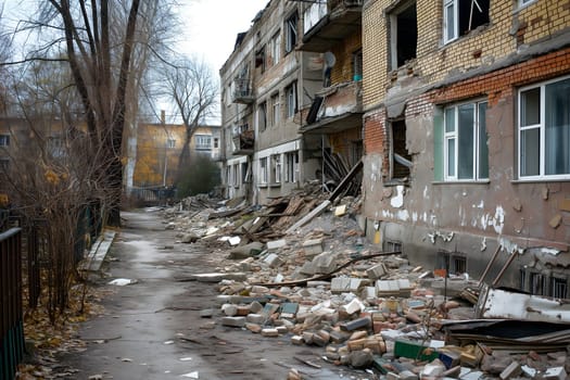 Ruined houses street after war. Neural network generated image. Not based on any actual scene or pattern.