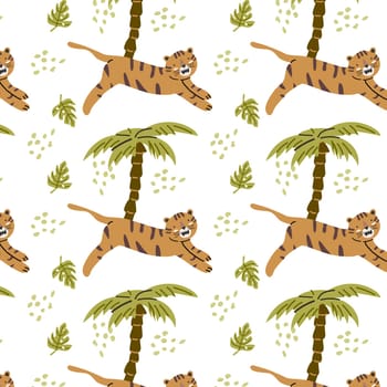 Seamless pattern with cute wild africa animal tiger childish. Vector illustration isolated. Can used for textile, fabric design, posters, wrapping papers, wallpapers, decoration for interior.