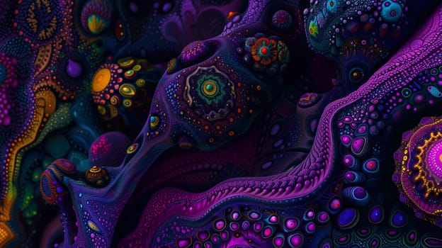 Saturated colorful mad abstract background, random different shapes and objects, hallucinations of ancient shaman after mushroom overdose. Neural network generated image. Not based on any actual scene or pattern.