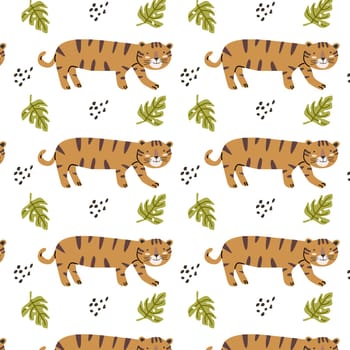 Seamless pattern with cute wild africa tiger childish. Vector illustration isolated. Can used for textile, fabric design, posters, wrapping papers, wallpapers, decoration for interior.