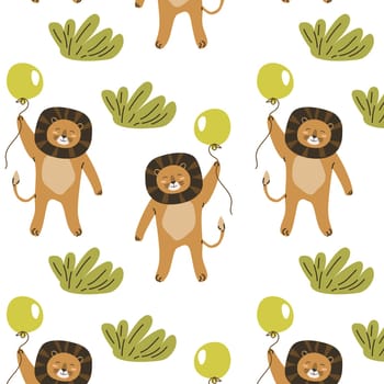cute wild tropical animal lion with ball seamless pattern. Vector illustration with lion wild jungle animal, tropical plants palm or leaves.
