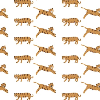 Childish pattern with cute tiger wild animal. Vector illustration isolated. Can used for textile, fabric design, posters, wrapping papers, wallpapers, decoration for interior.