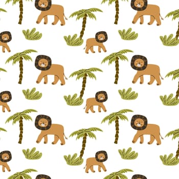 cute wild tropical animal lion and palm seamless pattern. Vector illustration with lion wild jungle animal, tropical plants palm or leaves.