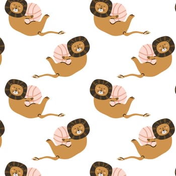 cute wild tropical animal lion playing with ball seamless pattern. Vector illustration with lion wild jungle animal, pink ball.