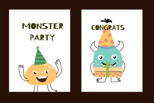 Set of posters or cards with cute monsters for party. Vector illustration can used for banner, baby birthday background, greeting card.