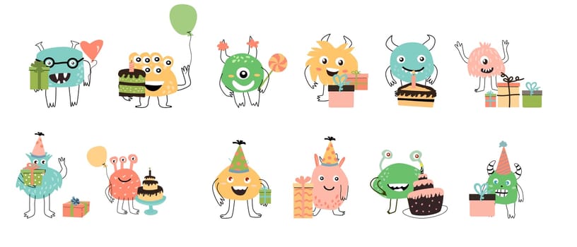 Cute monster for anniversary birthday holiday - big set. Vector illustration can used for banner, baby birthday background, greeting card, poster for interior. Cute alien or monster with balloon or gift, or cake