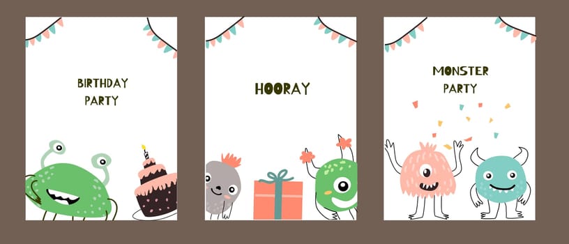 Cute monster - set of cards for holiday. Vector illustration can used for banner, baby birthday background, greeting card, poster for interior. Cute alien or monster with balloon or gift, or cake