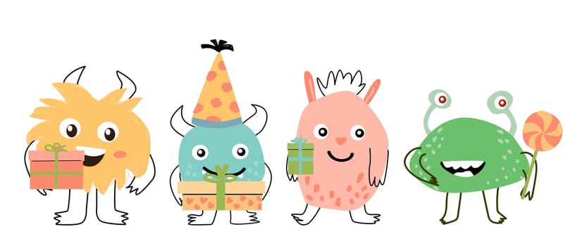 Cute monsters with gift box - for holiday banner. Vector illustration can used for banner, baby birthday background, greeting card, posters.