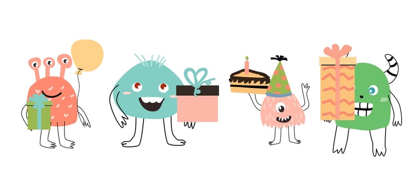 Cute monster baby character for anniversary card. Vector illustration can used for banner, baby birthday background, greeting card, poster for interior. Cute alien or monster with balloon or gift, or cake