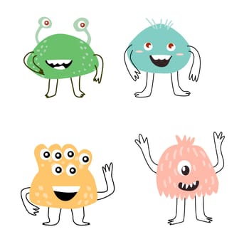 Cute baby monster character smiling vector illustration set. Can used for greeting card, poster, baby cards. Doodle monsers in trendy style.