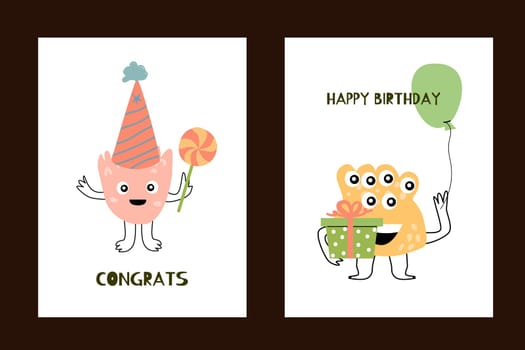 Set of birthday anniversary posters with cute monsters. Vector illustration can used for banner, baby birthday background, greeting card, poster for interior. Cute alien or monster with balloon or gift, or cake