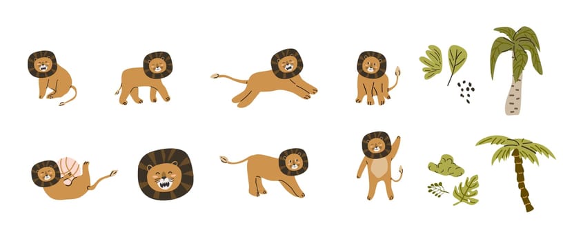 Cute jungle wild animals - lions and palm tree in scandinavian style. Vector illustration in flat style. Isolated vector icons of wild jungle cute lion, baby animal with floral elements.
