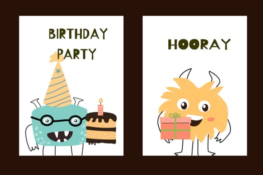 Set of posters with cute monsters for party. Vector illustration can used for banner, baby birthday background, greeting card, poster for interior.