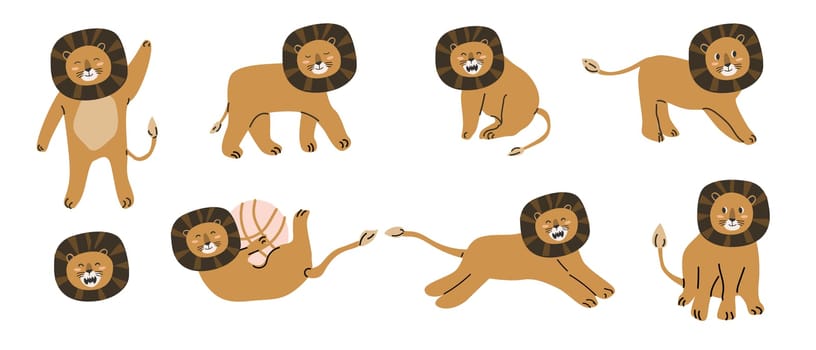 Cute jungle baby animals - lions in scandinavian style. Vector illustration in flat style, jungle cute lion, baby animal character. Can used for cards, background.