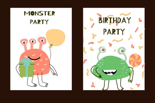 Set of birthday anniversary posters with cute monsters. baby vertical background for birthday card.